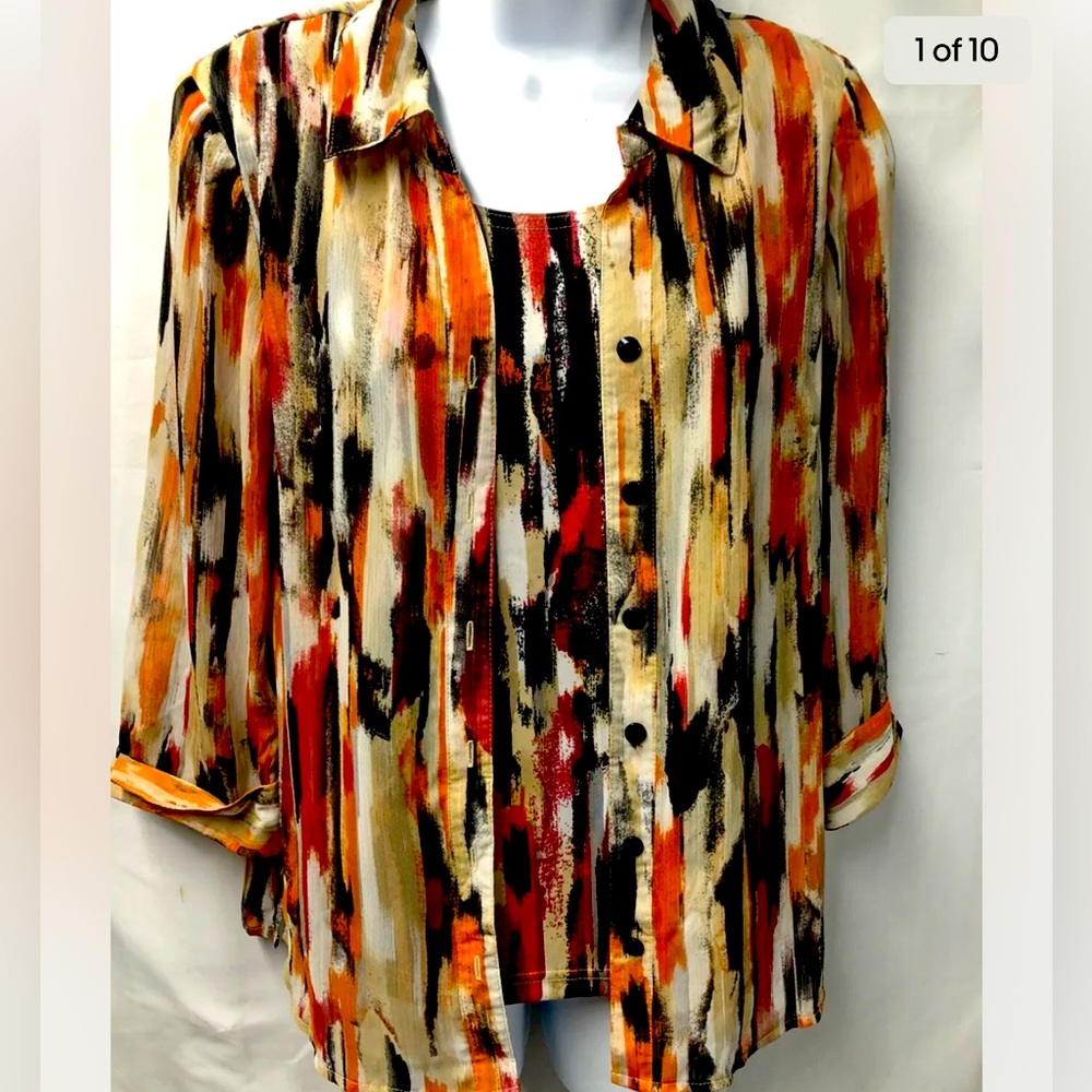 Rebecca Malone Woman pm Orange, Red, black & white Blouse Top, Button Up &Blouse